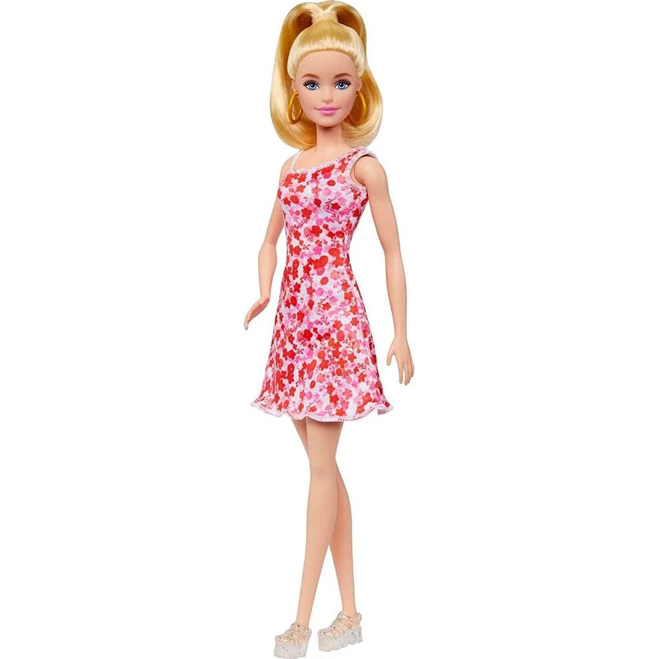 Barbie Fashionistas Doll #205 with Blond Ponytail Wearing Pink and Red Floral Dress