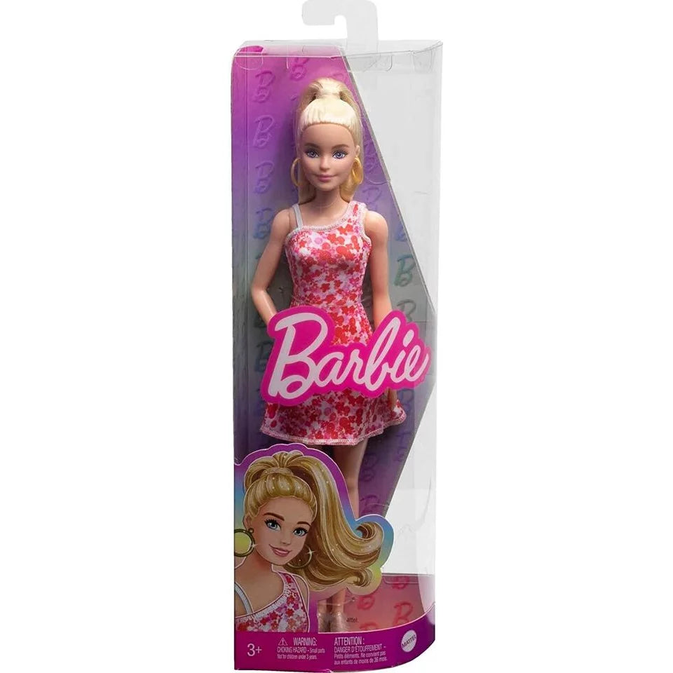 Barbie Fashionistas Doll #205 with Blond Ponytail Wearing Pink and Red Floral Dress