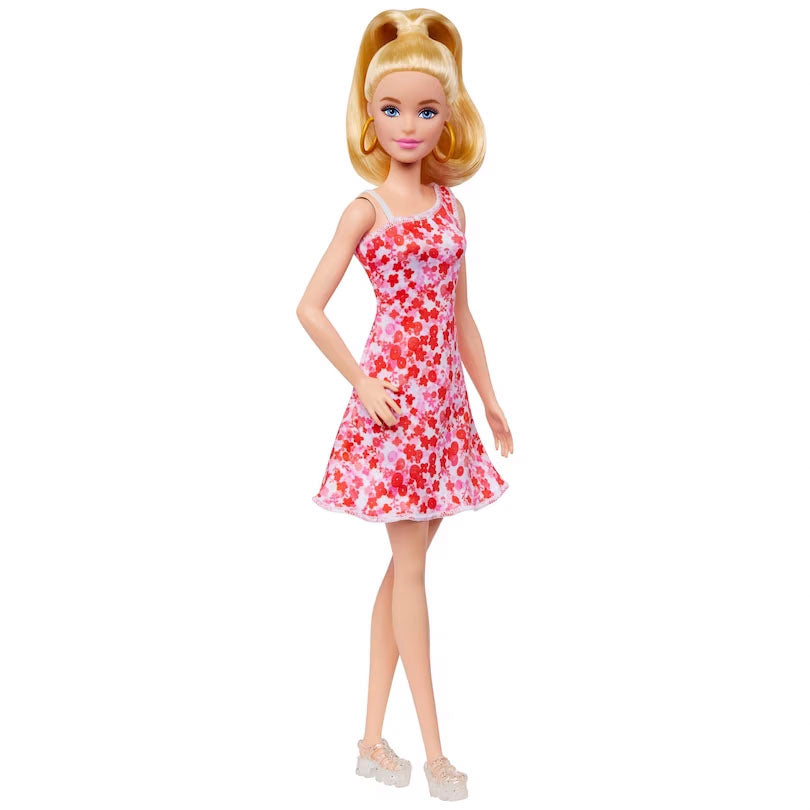 Barbie Fashionistas Doll #205 with Blond Ponytail Wearing Pink and Red Floral Dress