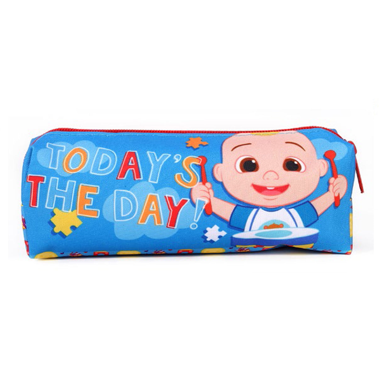 blue cocomelon pencil case with "today's the day!" written next to image of jj on it