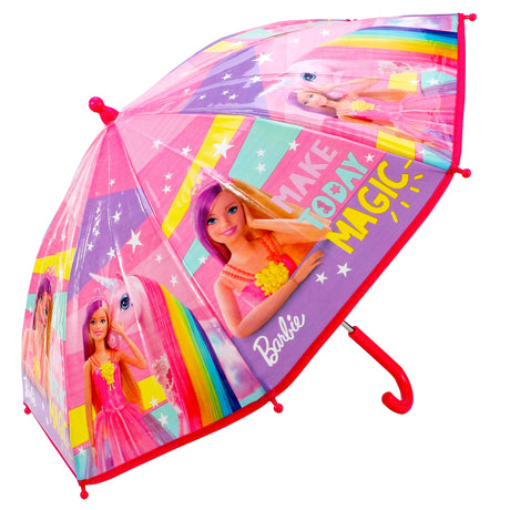 top print view of children's colourful barbie umbrella