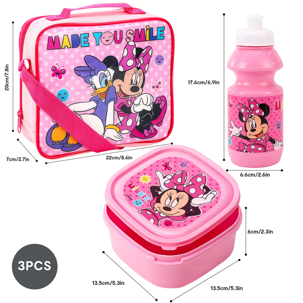 Disney Minnie Mouse 'Smile' 3 piece Insulated School Lunch Bag Set